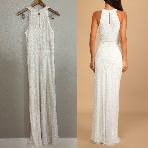 All the Romance White Beaded Sequin Halter Mermaid Maxi Dress - Picture 3 of 8
